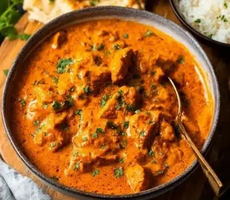 Delicious butter chicken served with rice and naan on a rustic table