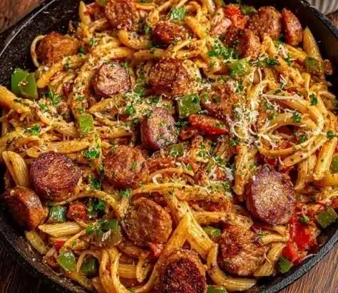 Cajun Sausage Pasta 4 Delicious Cajun Sausage Pasta with colorful vegetables and spices