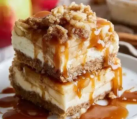 Delicious caramel apple cheesecake bars topped with caramel drizzle