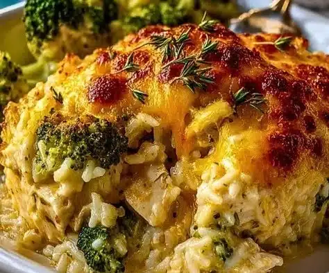 Cheesy Broccoli Chicken Casserole served with a side salad