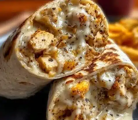 Delicious Cheesy Garlic Chicken Wrap with melted cheese and savory garlic flavors.