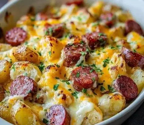 Cheesy Ranch Potatoes and Smoked Sausage 9 Delicious cheesy ranch potatoes with smoky sausage pieces in a bowl