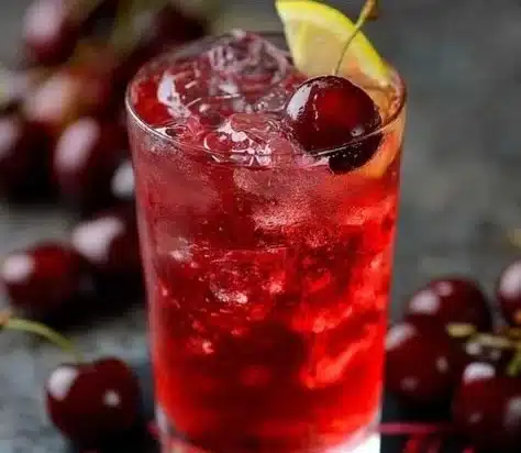 Cherry Bomb Cocktail in a glass garnished with cherries and citrus slices