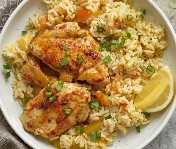 Plate of Chicken Scampi with Garlic Parmesan Rice garnished with herbs.