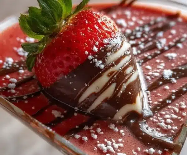 Delicious Chocolate Covered Strawberry Martini garnished with fresh strawberries.