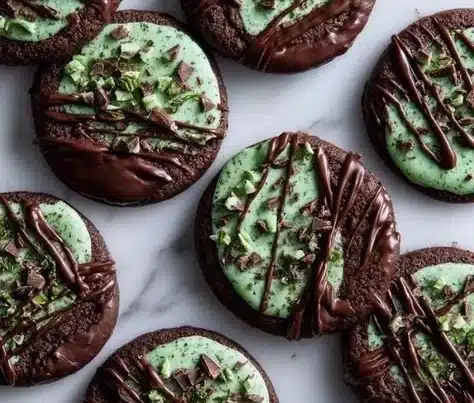 Freshly baked chocolate mint cookies on a cooling rack