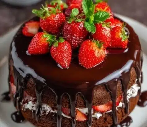 Delicious slice of chocolate strawberry cake topped with fresh strawberries