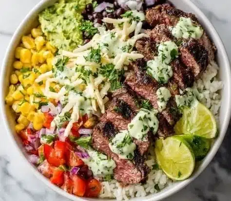 Cilantro Lime Steak Bowls 8 Cilantro lime steak bowls with fresh ingredients and vibrant colors