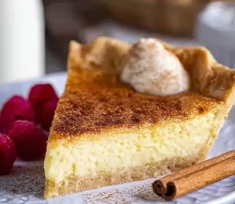 Delicious Cinnamon Vanilla Custard Pie slice with a golden crust and creamy filling