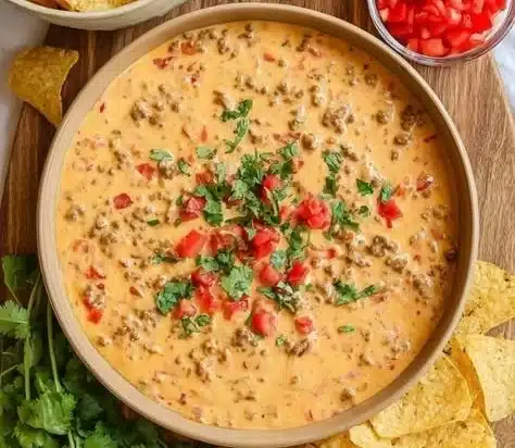 Delicious classic Rotel dip made with ground beef and cheese