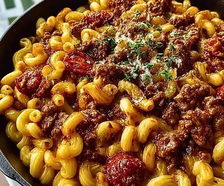 A warm bowl of comforting Beefaroni topped with cheese and herbs.