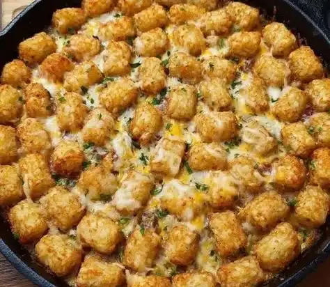 Delicious Cowboy Casserole with ground beef, beans, and cheese in a baking dish