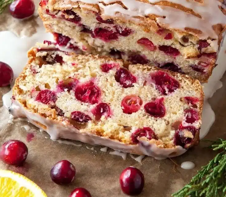 Freshly baked Cranberry Orange Bread with cranberries and orange zest