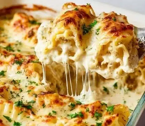 Creamy Chicken Alfredo Lasagna layered with rich sauces and tender chicken