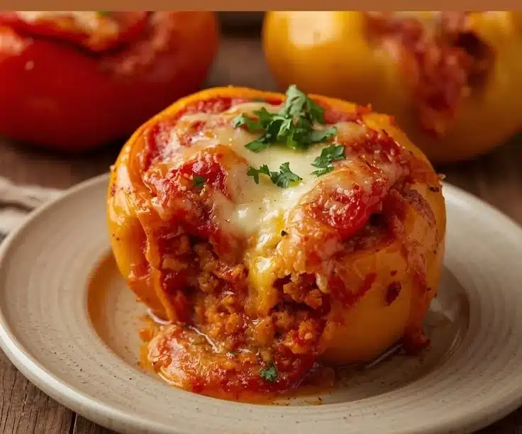 Creamy pizza stuffed bell peppers filled with cheese and toppings