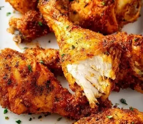 Crispy baked chicken drumsticks on a plate garnished with herbs