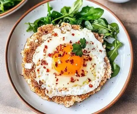 Plate of crispy feta fried eggs topped with herbs and spices.