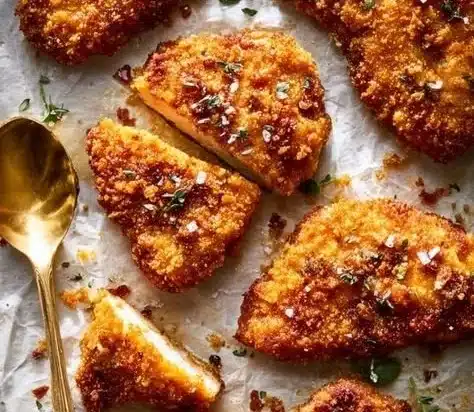 Crispy golden hot honey chicken cutlets on a plate garnished with herbs