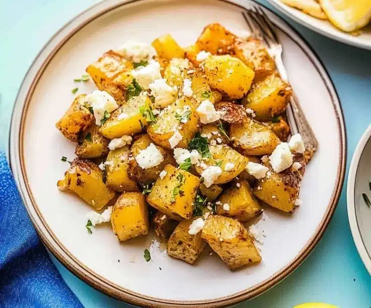 Crispy Greek lemon potatoes garnished with herbs and served on a plate