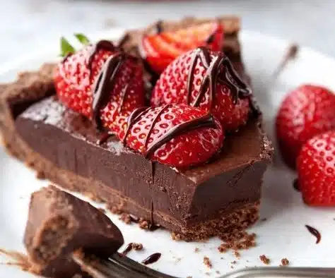 Delicious dark chocolate strawberry tart with fresh strawberries and chocolate glaze