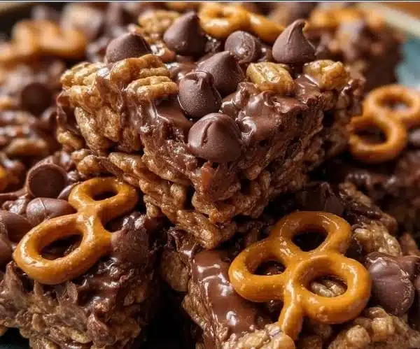 Decadent chocolate peanut butter Chex scotcheroos stacked on a plate