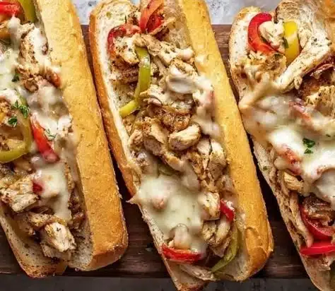 Delicious Chicken Philly Cheese Steaks served with melted cheese and peppers