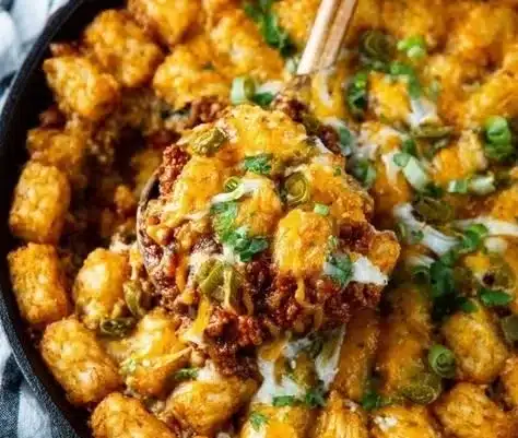 Tasty chili cheese tater tot casserole topped with melted cheese and chili