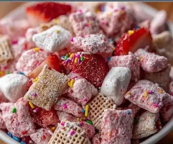 Fluffy strawberry shortcake puppy chow dessert in a bowl