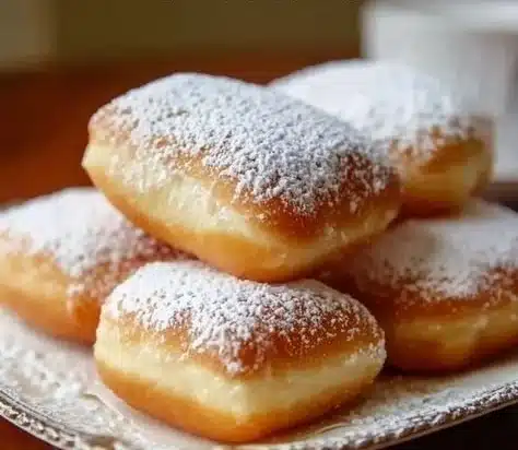 Delicious fluffy vanilla French beignets dusted with powdered sugar.