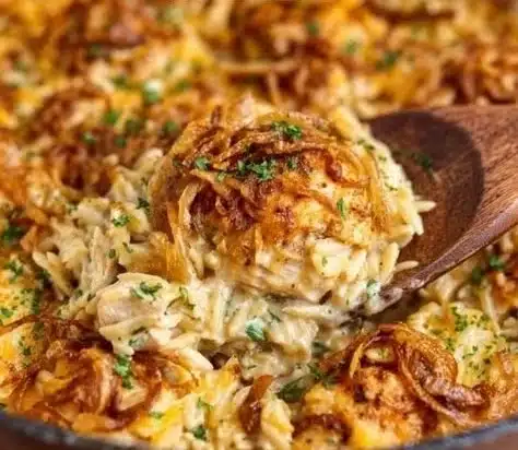 French Onion Chicken Orzo Casserole 11 Delicious French Onion Chicken Orzo Casserole topped with melted cheese