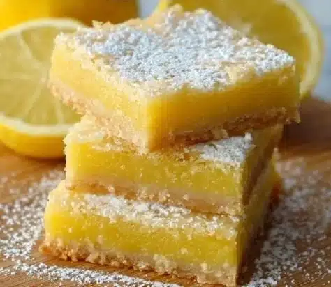 Freshly baked lemon bars with a crust and lemon topping