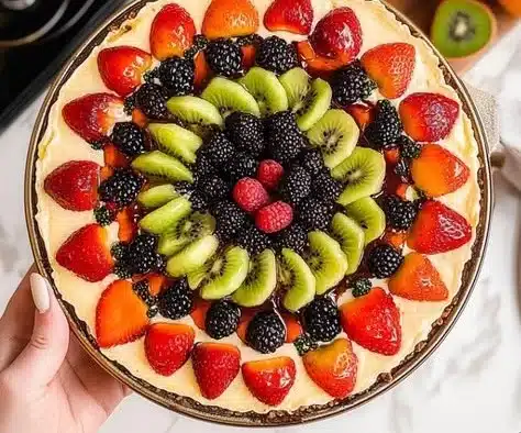 A vibrant fruit pizza topped with assorted fresh fruits and cream cheese frosting.
