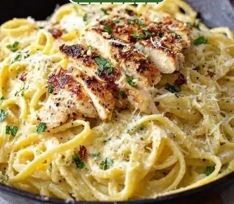 Plate of Garlic Parmesan Chicken Pasta garnished with parsley