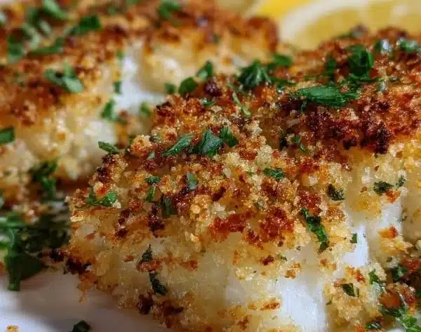 Garlic Parmesan Crusted Cod fillets with a golden crispy topping