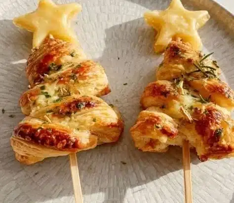 Ham and cheese puff pastry shaped like Christmas trees