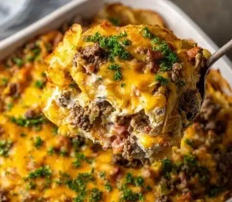 Hobo Casserole 10 A delicious serving of Hobo Casserole in a baking dish