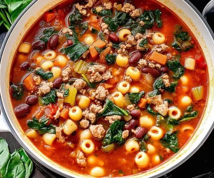 Bowl of Italian Pasta and Beans Soup garnished with herbs