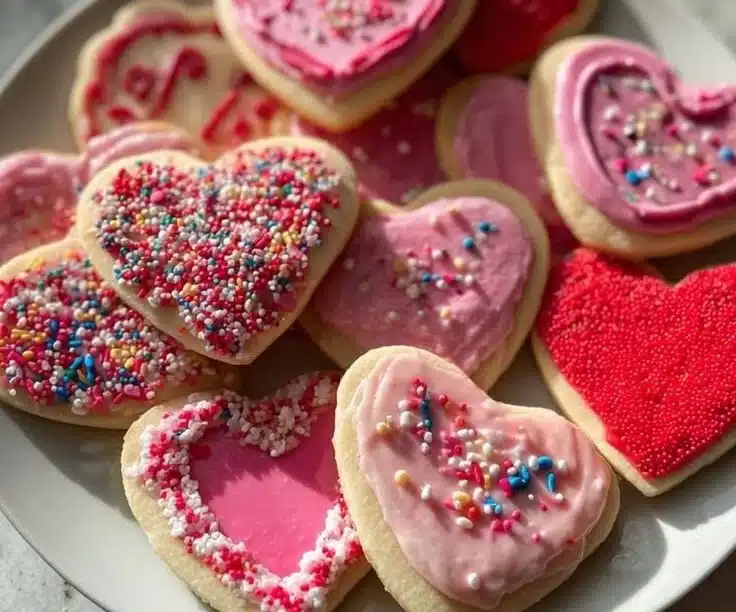 Colorful kids Valentine's cookies in heart shapes with festive decorations.