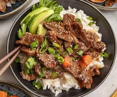 Delicious Korean beef bulgogi served with rice and vegetables