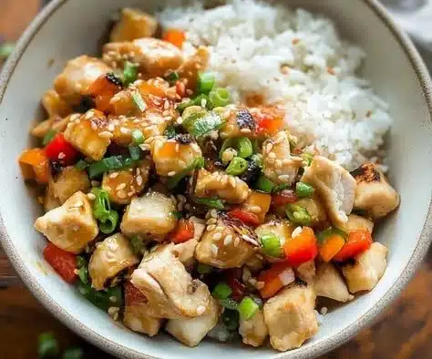 Delicious bowl of Kung Pao Chicken with vegetables and peanuts
