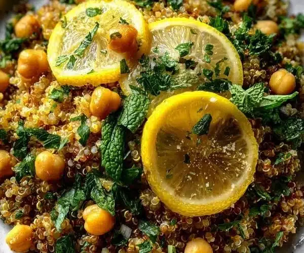 Bowl of Lemon Herb Quinoa with chickpeas, garnished with fresh herbs and lemon slices.