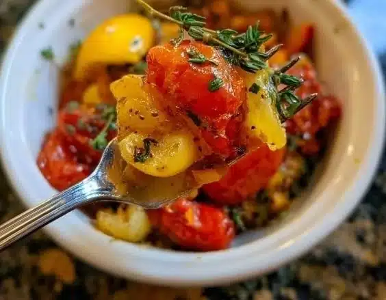 Lemon Thyme Grain Bowl Vinaigrette drizzled over a healthy grain bowl
