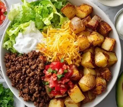 Loaded Potato Taco Bowl with seasoned potatoes and toppings