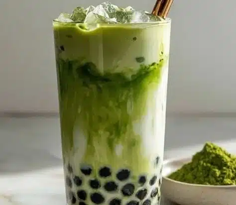 Matcha Bubble Tea 5 A refreshing cup of matcha bubble tea with tapioca pearls