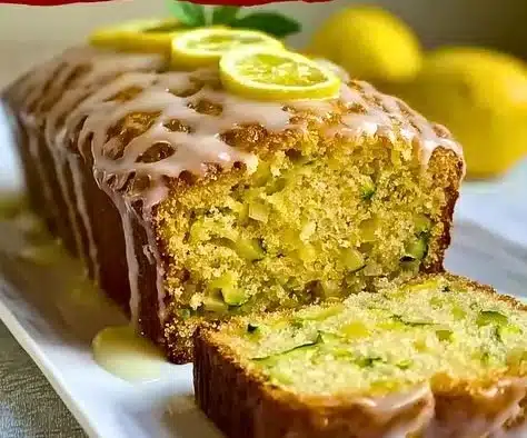 Moist lemon zucchini cake topped with a sweet glaze on a plate