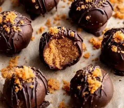 No-Bake Biscoff Truffles 6 Delicious no-bake Biscoff truffles decorated with chocolate and cookie crumbs