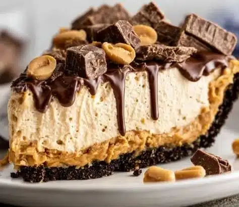 No bake peanut butter pie with a creamy filling and chocolate topping.