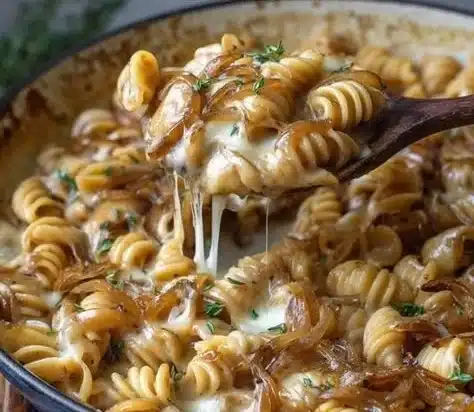 Delicious one-pan French Onion Soup Pasta topped with melted cheese.