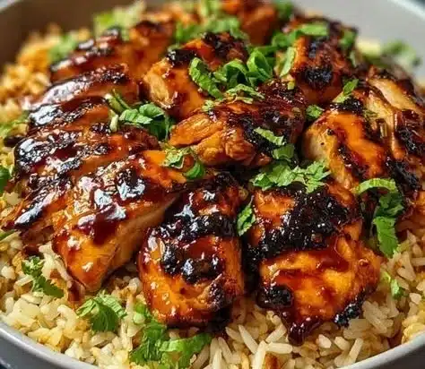 Delicious one-pan honey BBQ chicken served over rice