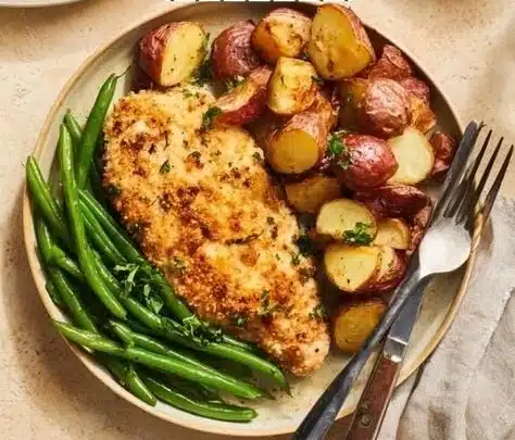 Parmesan Crusted Chicken Sheet Pan Dinner with vegetables ready to serve.